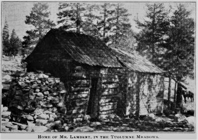 Lembert's cabin at Tuolumne Meadows, built 1878 or earlier, abandoned 1896. Photo by Helen Lukens Jones from around 1904.