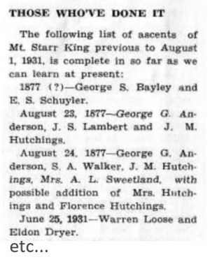 Presnall's 1931 list of earliest Starr King ascents.