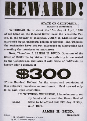 Broadside announcing a three-hundred dollars reward for the arrest and conviction of Lembert's murderer.